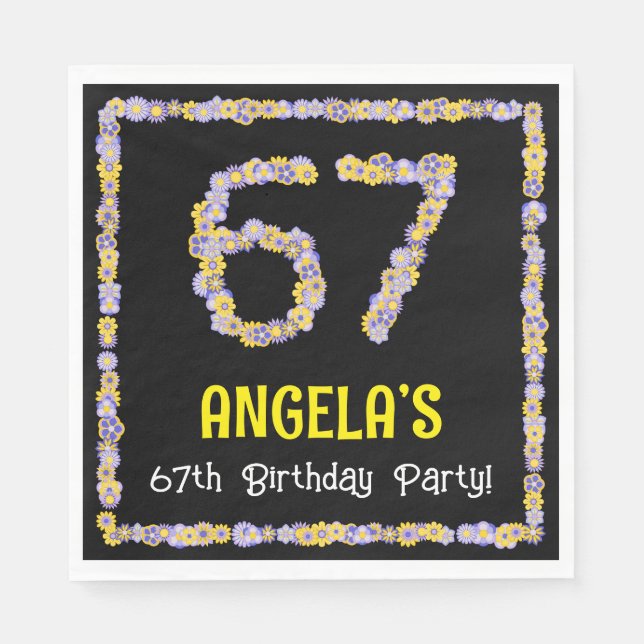 67th Birthday: Floral Flowers Number, Custom Name Napkin (Front)