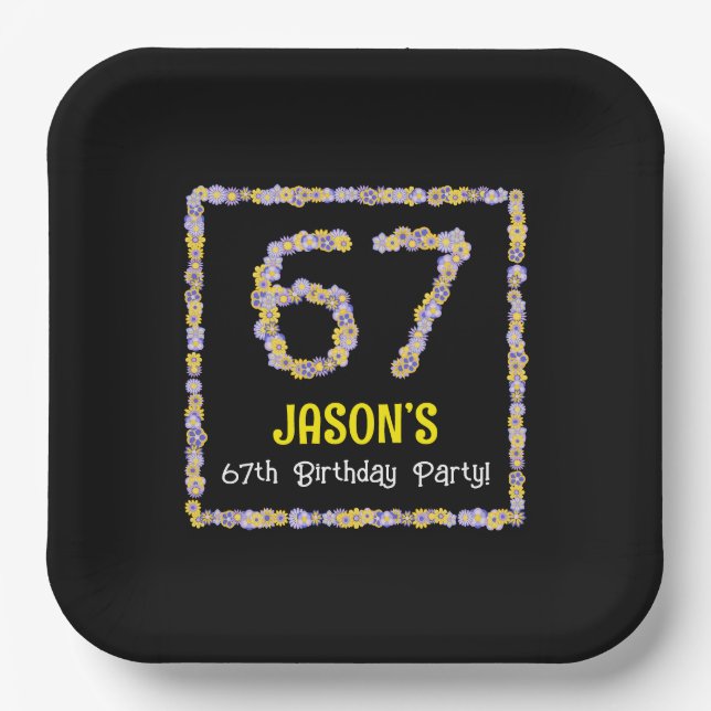 67th Birthday: Floral Flowers Number, Custom Name Paper Plate (Front)