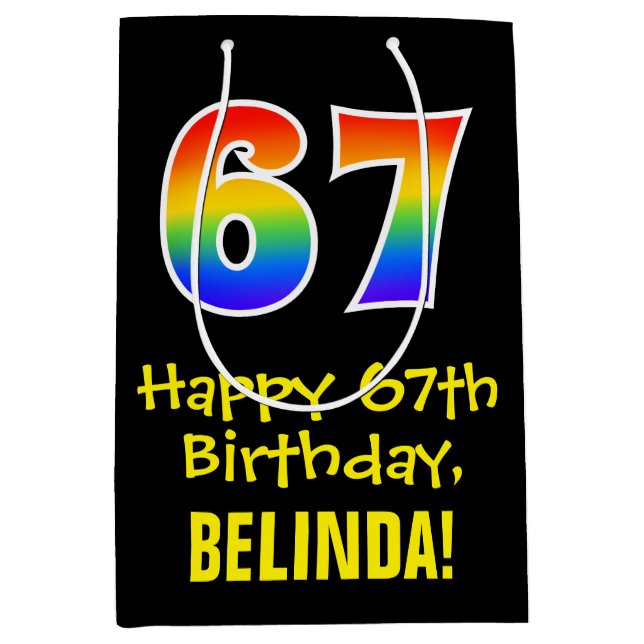 67th Birthday: Fun, Bold, Colourful, Rainbow "67" Medium Gift Bag (Front)