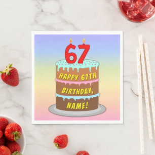 67th Birthday: Fun Cake and Candles + Custom Name Napkin