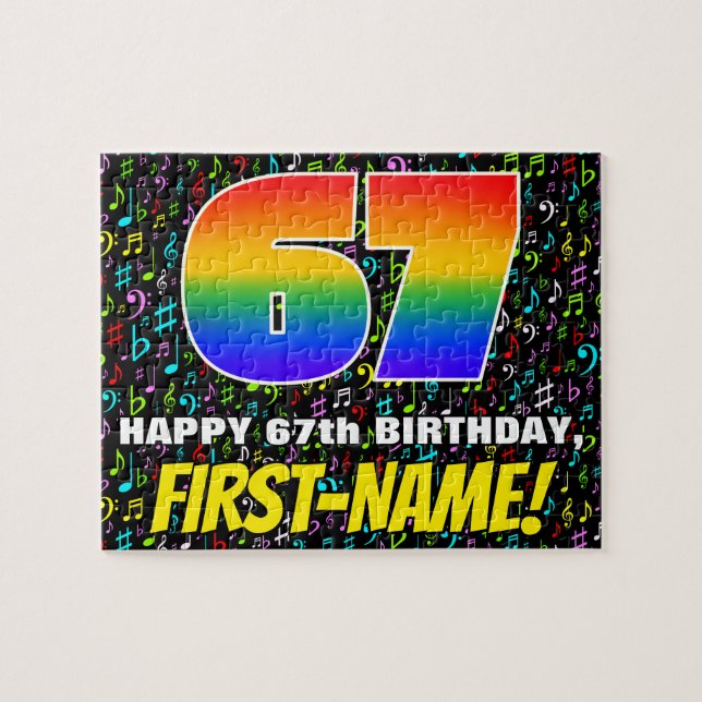 67th Birthday — Fun, Colourful Music Symbols & “67 Jigsaw Puzzle (Horizontal)