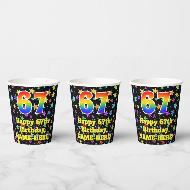 67th Birthday: Fun Stars Pattern and Rainbow 67 Paper Cups (Multi)