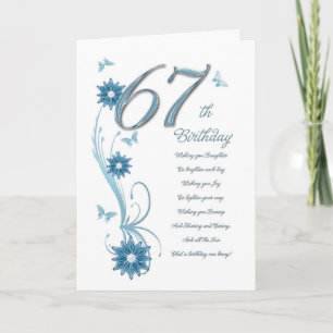 67th birthday in teal with flowers and butterfly card