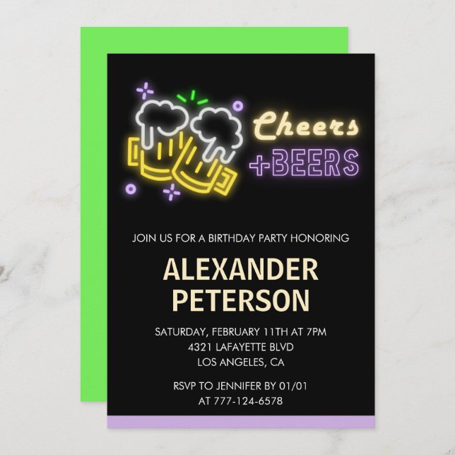 67th birthday invitation Cheers Beer Men Neon Glow (Front/Back)