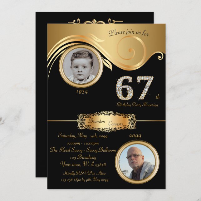 67th,Birthday Man 67th,elegant art deco,black gold Invitation (Front/Back)