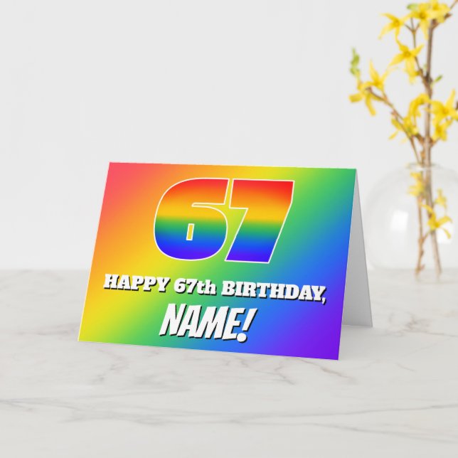 67th Birthday: Multicolored Rainbow Pattern # 67 Card (Yellow Flower)