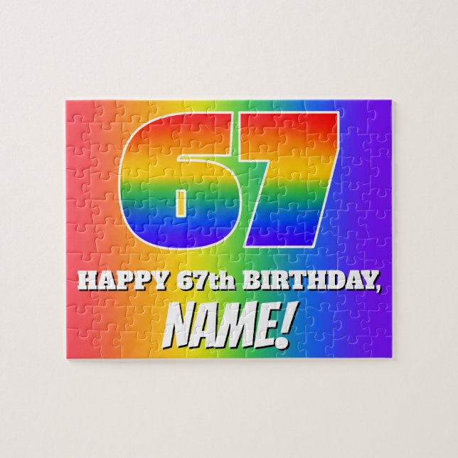 67th Birthday — Multicolored Rainbow Pattern “67” Jigsaw Puzzle (Horizontal)