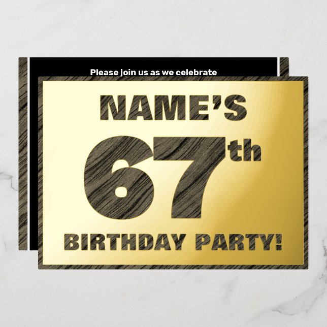 67th Birthday Party — Bold, Faux Wood Grain Text (Front/Back)