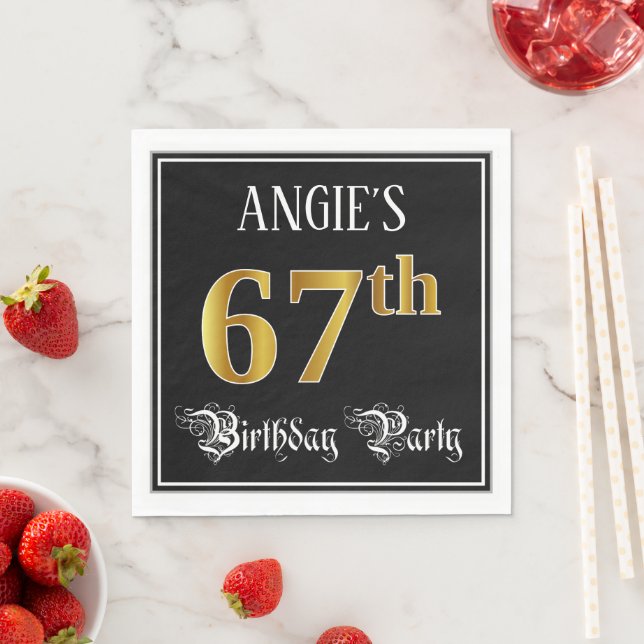 67th Birthday Party — Fancy Script, Faux Gold Look Napkin (Insitu)