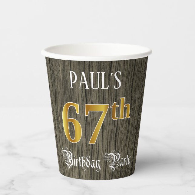 67th Birthday Party — Faux Gold & Faux Wood Looks Paper Cups (Front)