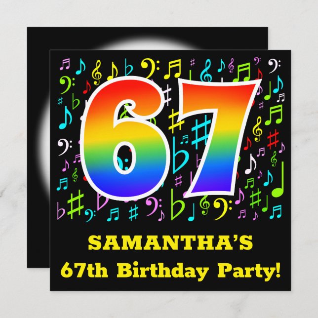 67th Birthday Party: Fun Music Symbols, Rainbow 67 Invitation (Front/Back)
