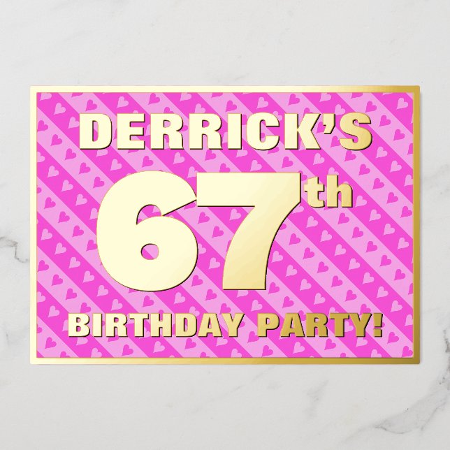 67th Birthday Party — Fun Pink Hearts and Stripes (Front)