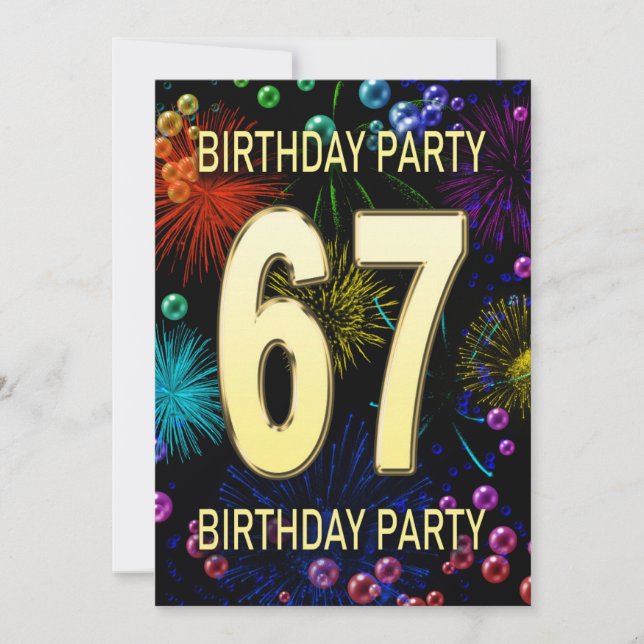 67th Birthday Party Invitation Fireworks Bubbles (Front)