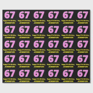 67th Birthday: Pink Stripes and Hearts "67" + Name Wrapping Paper