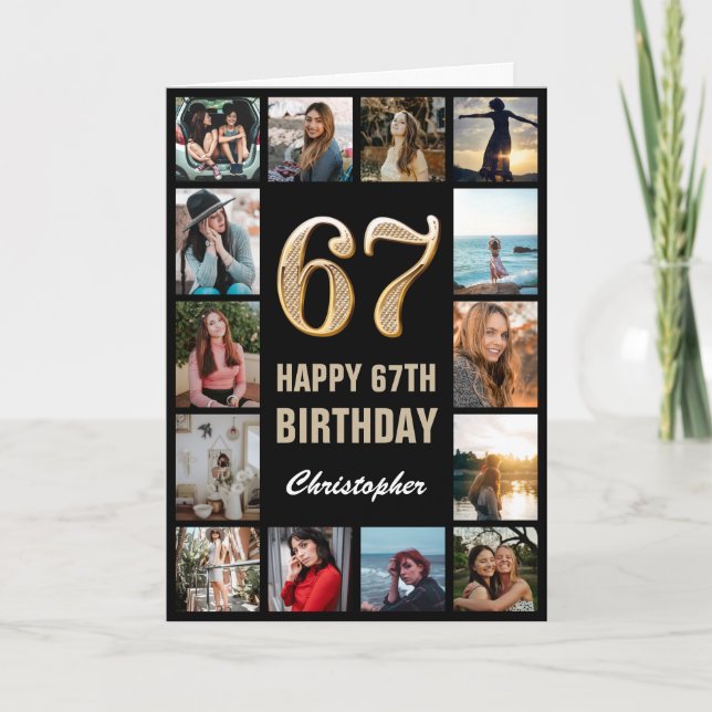 67th Happy Birthday Black and Gold Photo Collage Card (Front)