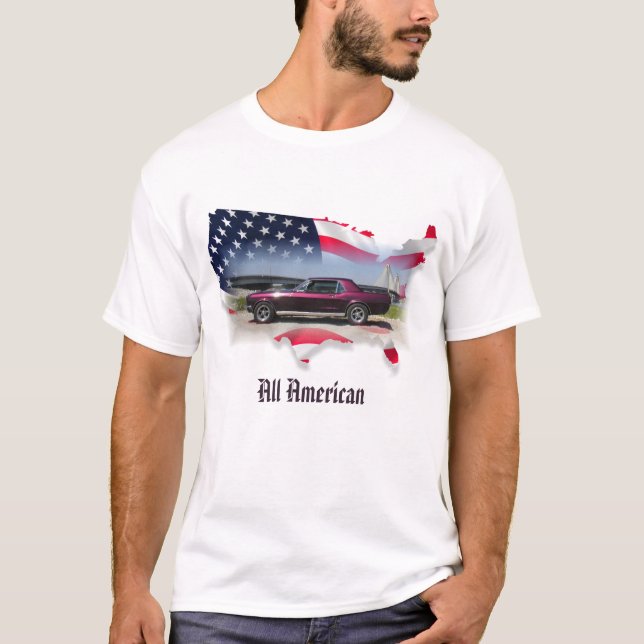 68 Mustang Coupe Over American Flag Map T-Shirt (Front)