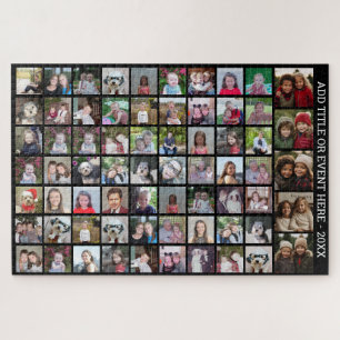 68 Square Photo Collage Grid - Custom Text - Black Jigsaw Puzzle