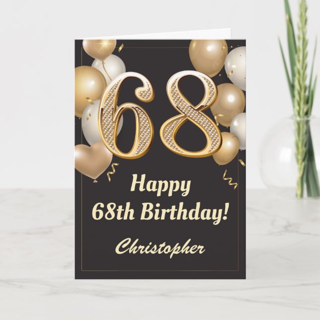68th Birthday Black and Gold Balloons Confetti Card (Front)