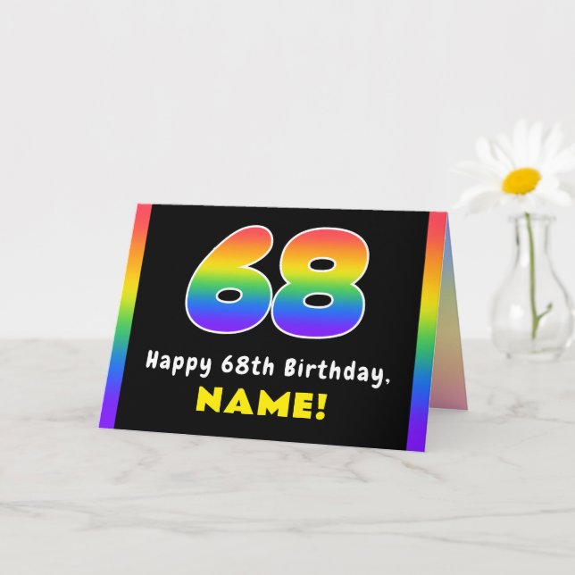 68th Birthday: Colourful Rainbow # 68, Custom Name Card (Small Plant)