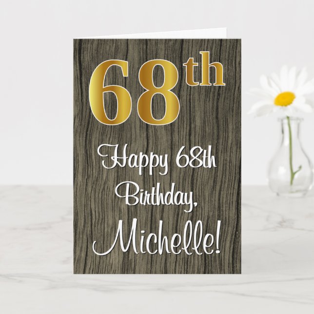 68th Birthday: Elegant Faux Gold Look #, Faux Wood Card (Small Plant)