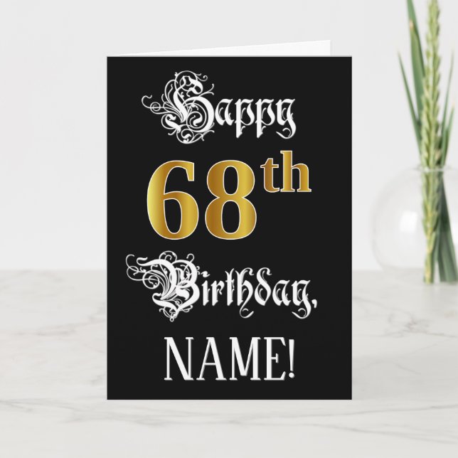 68th Birthday — Fancy Script; Faux Gold Look; Name Card (Front)
