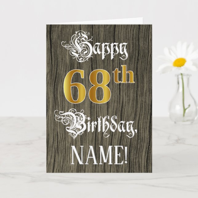 68th Birthday: Faux Gold Look + Faux Wood Pattern Card (Small Plant)
