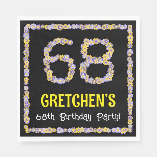 68th Birthday: Floral Flowers Number, Custom Name Napkin (Front)