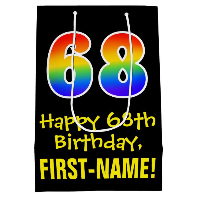 68th Birthday: Fun, Bold, Colourful, Rainbow "68" Medium Gift Bag (Back)
