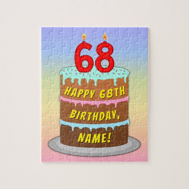 68th Birthday: Fun Cake and Candles + Custom Name Jigsaw Puzzle (Vertical)