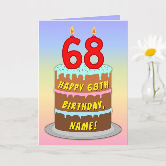 68th Birthday — Fun Cake & Candles, w/ Custom Name Card (Small Plant)
