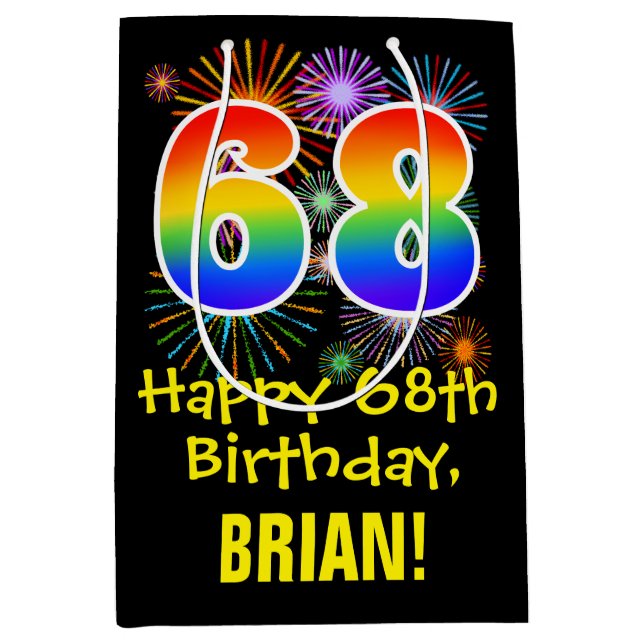 68th Birthday: Fun Fireworks Pattern + Rainbow 68 Medium Gift Bag (Front)