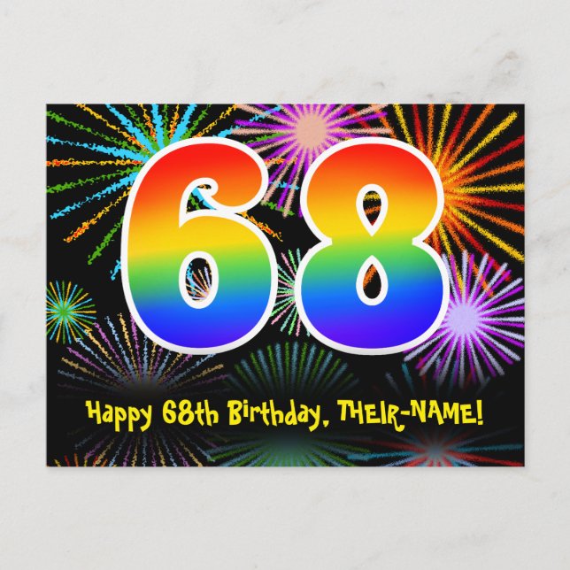 68th Birthday – Fun Fireworks Pattern + Rainbow 68 Postcard (Front)