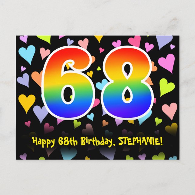 68th Birthday: Fun Hearts Pattern, Rainbow 68 Postcard (Front)