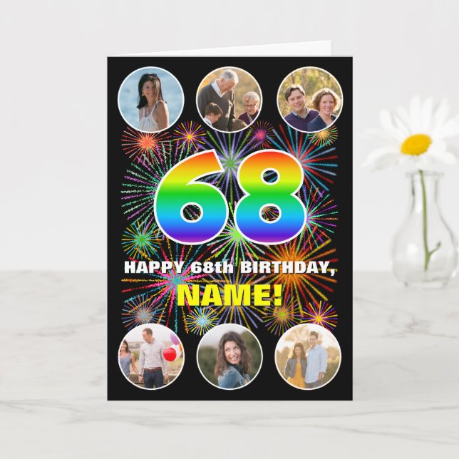 68th Birthday: Fun Rainbow #, Custom Name & Photos Card (Small Plant)