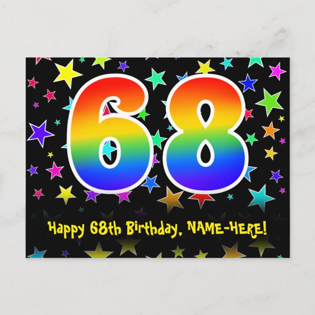 68th Birthday: Fun Stars Pattern, Rainbow 68, Name Postcard (Front)