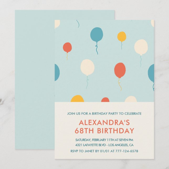 68th birthday invitations Balloons Blue (Front/Back)