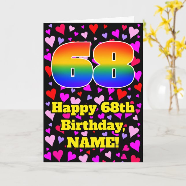 68th Birthday: Loving Hearts Pattern, Rainbow # 68 Card (Yellow Flower)