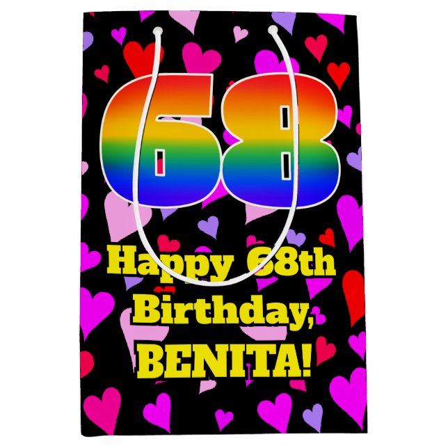 68th Birthday: Loving Hearts Pattern, Rainbow # 68 Medium Gift Bag (Front)