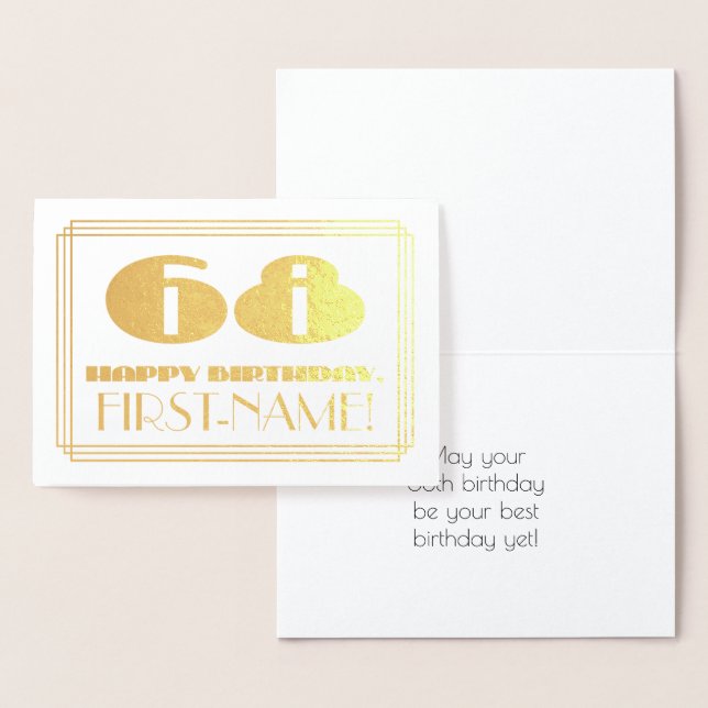 68th Birthday; Name + Art Deco Inspired Look "68" Foil Card (Display)
