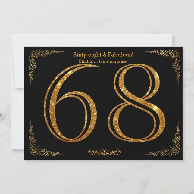 68th Birthday party,Gatsby styl,black gold glitter Invitation (Front)