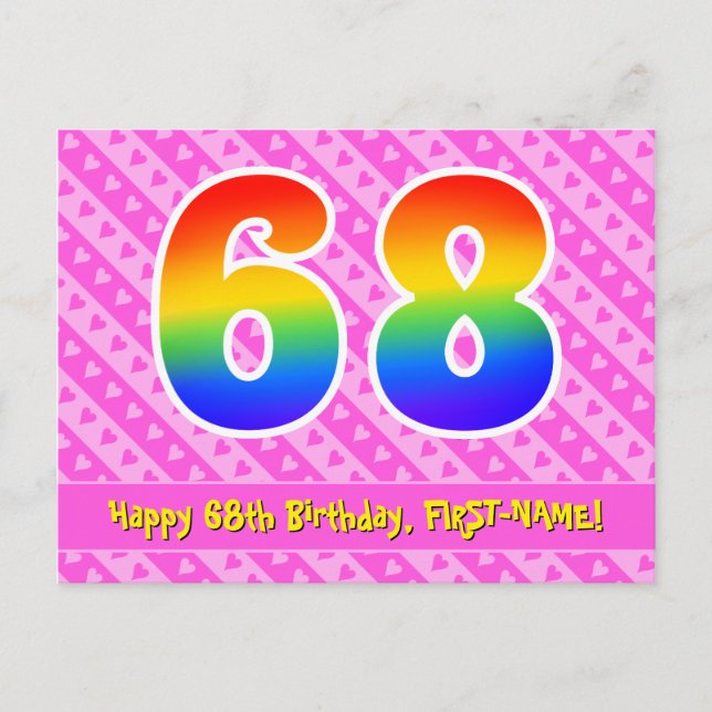 68th Birthday: Pink Stripes & Hearts, Rainbow 68 Postcard (Front)