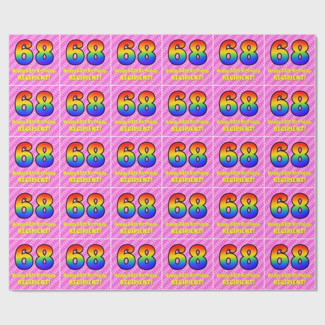 68th Birthday: Pink Stripes & Hearts, Rainbow # 68 Wrapping Paper (Flat)