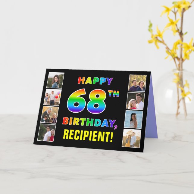 68th Birthday: Rainbow Text, Custom Photos & Name Card (Yellow Flower)