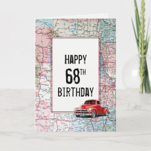 68th Birthday Red Retro Truck on Map    Card