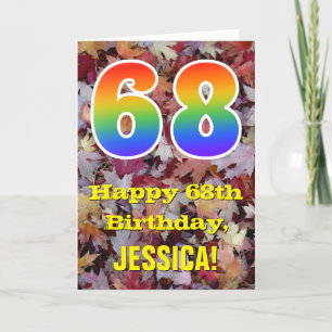 68th Birthday; Rustic Autumn Leaves; Rainbow "68" Card