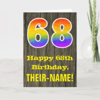 68th Birthday: Rustic Faux Wood Look, Rainbow "68"