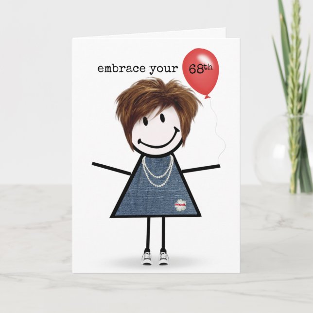 68th Birthday Stick Figure Girl with Red Balloon Card (Front)