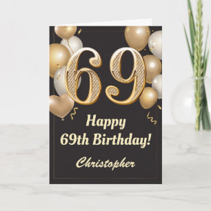 69th Birthday Black and Gold Balloons Confetti Card