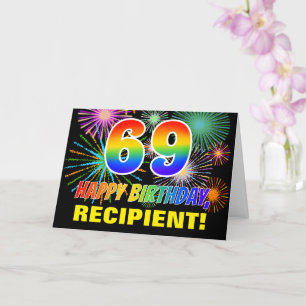 69th Birthday: Bold, Fun, Fireworks, Rainbow 69 Card