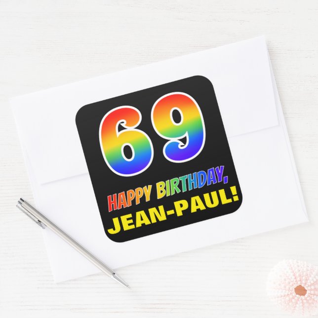 69th Birthday: Bold, Fun, Simple, Rainbow 69 Square Sticker (Envelope)